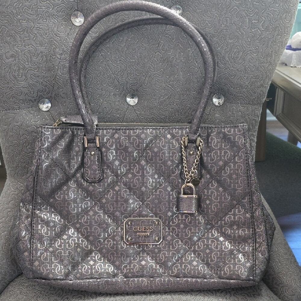 Guess Silver Quilted Shoulder Bag with Metal Charm